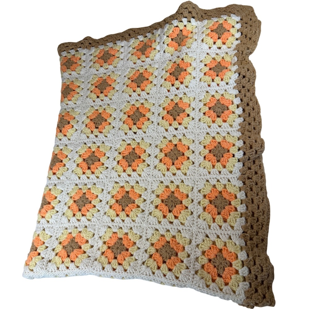 Vintage Handmade Crochet Granny Square Blanket Afghan Orange Brown Retro 72x52